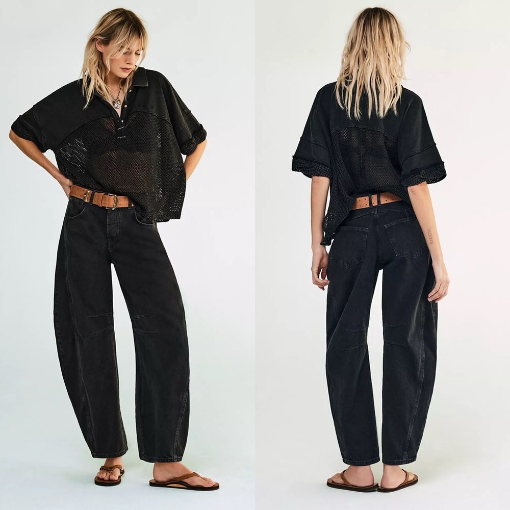Free People We The Free Mid Rise Good Luck Barrel Jeans 25 x 26 0 Black
